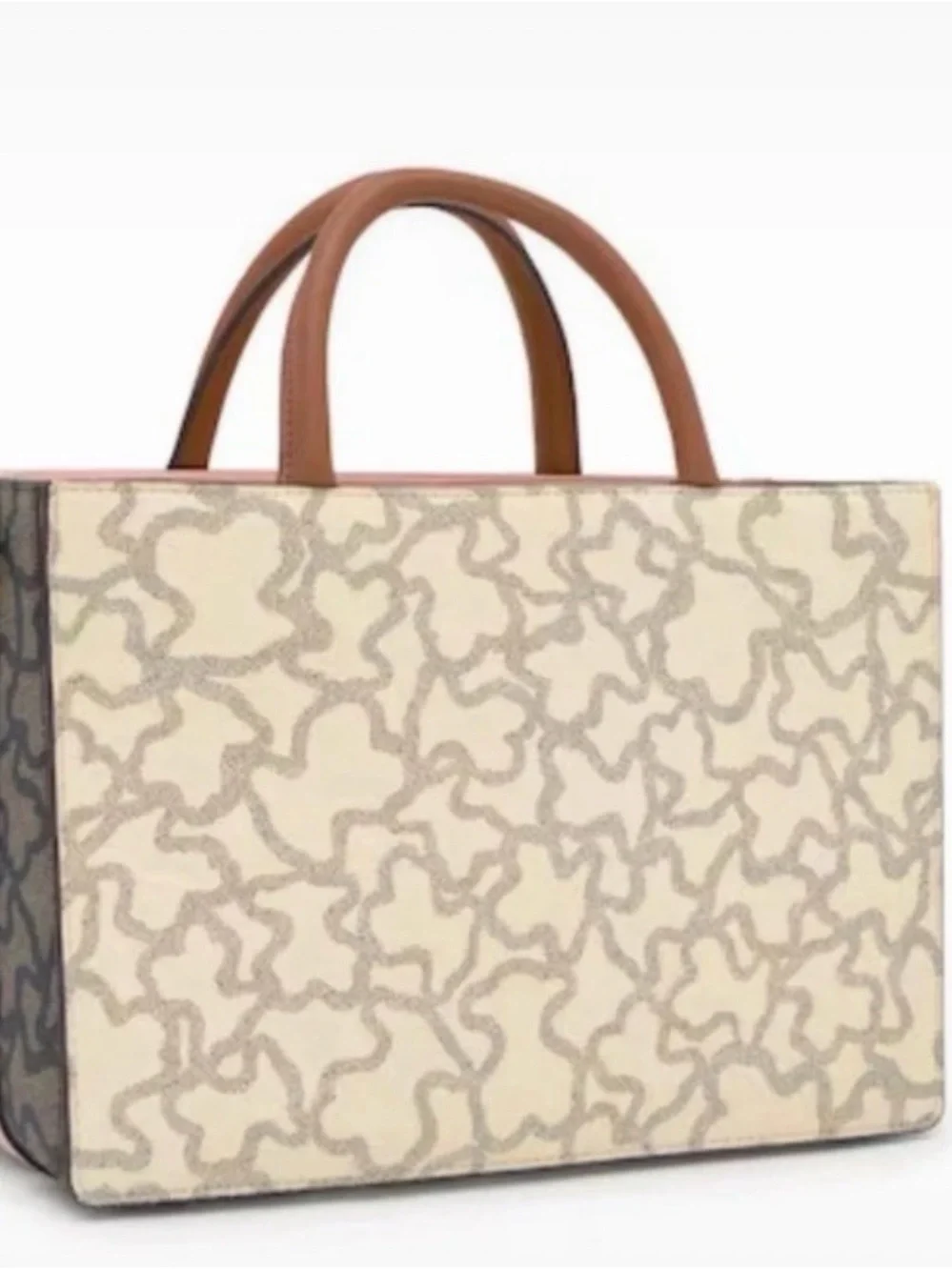 TOUS Pink and Cream Canvas Tote with Brown Leather Handles